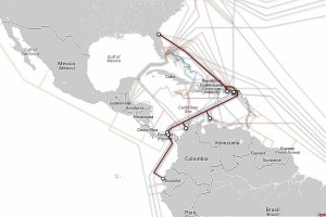 Trazado del cable submarino Pacific Caribbean Cable System (PCCS). Imagen: TeleGeography/submarinecablemap.com