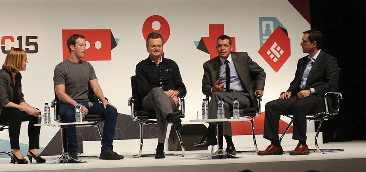 Mark Zuckerberg, Mario Zanotti, Christian De Faria y Jon Fredrik Baksaas en MWC15. Imagen: GSMA