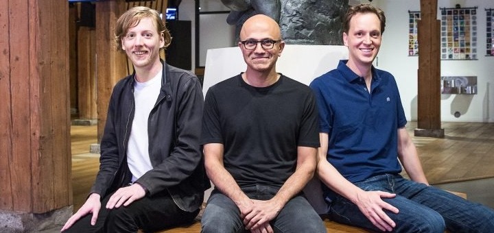 Chris Wanstrath, CEO y cofundador de Github; Satya Nadella, CEO de Microsoft y Nat Friedman, vicepresidente corporativo de Microsoft Developer Services. Imagen: Microsoft.